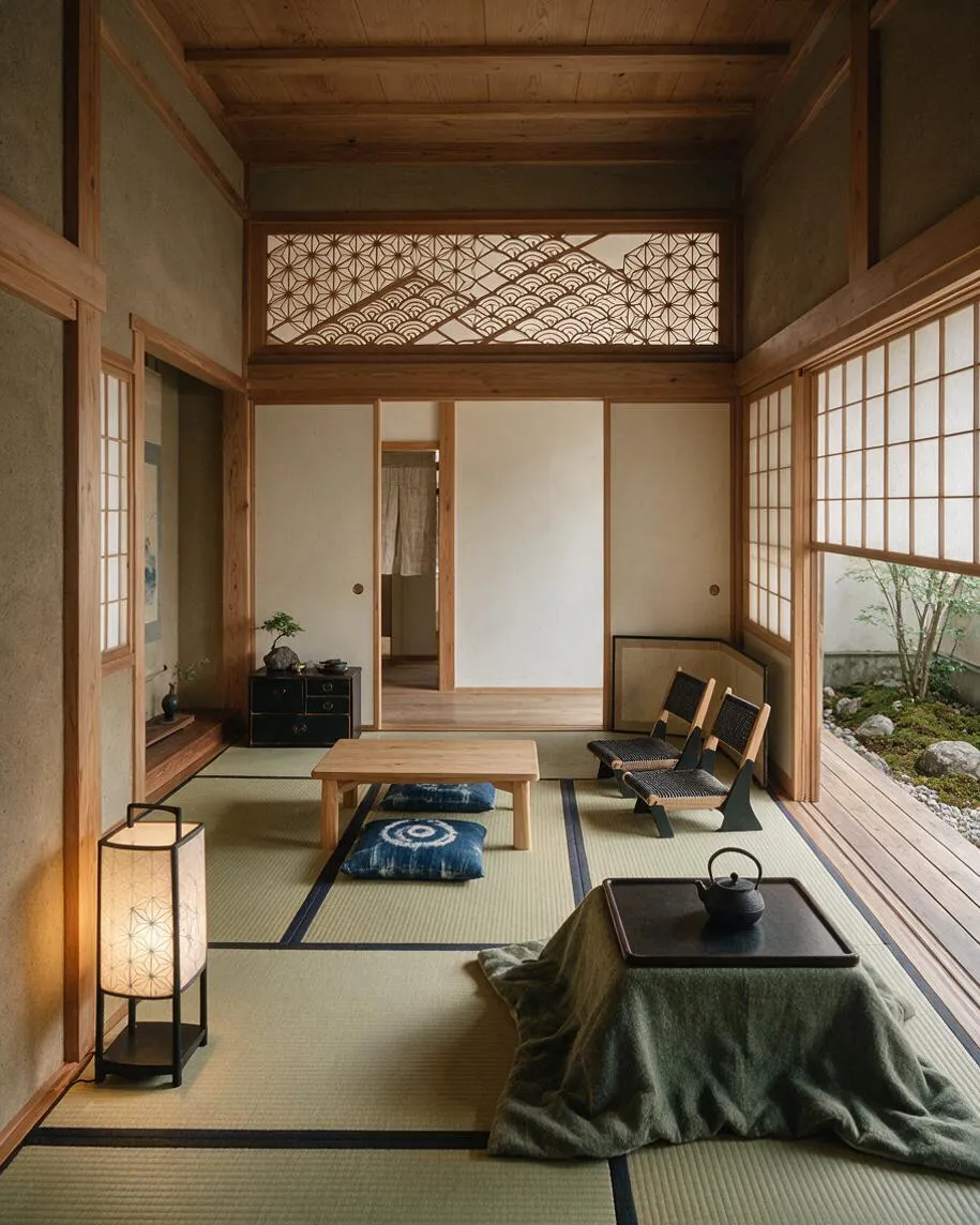 A serene Japanese Zen guest bedroom with tatami mat flooring, sliding shoji screens, and warm wood framing throughout. The room includes a low wooden table, floor cushions, a lantern-style light, and a tea set on a draped floor tray, with a small garden visible through the open side.