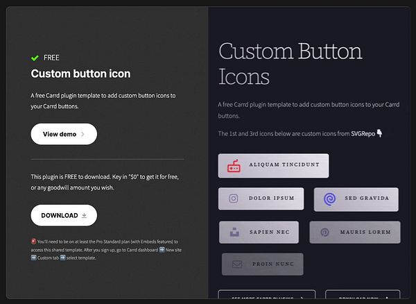 The image displays a promotional interface for a free Carrd plugin that allows users to add custom button icons.