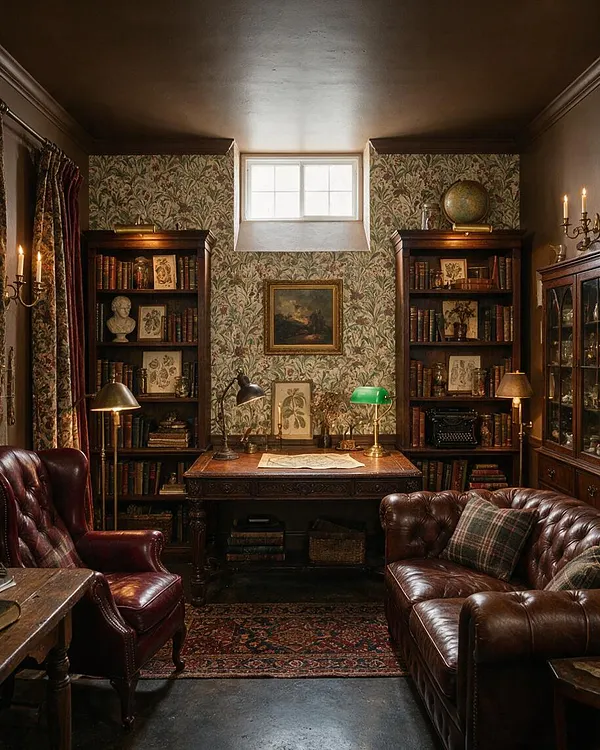 A dimly lit basement study styled in Dark Academia, with floral wallpaper, dark wood bookshelves, leather seating, and a carved writing desk centered beneath a small window. Brass lamps, candlesticks, framed art, and vintage decor create a scholarly, old-world atmosphere.
