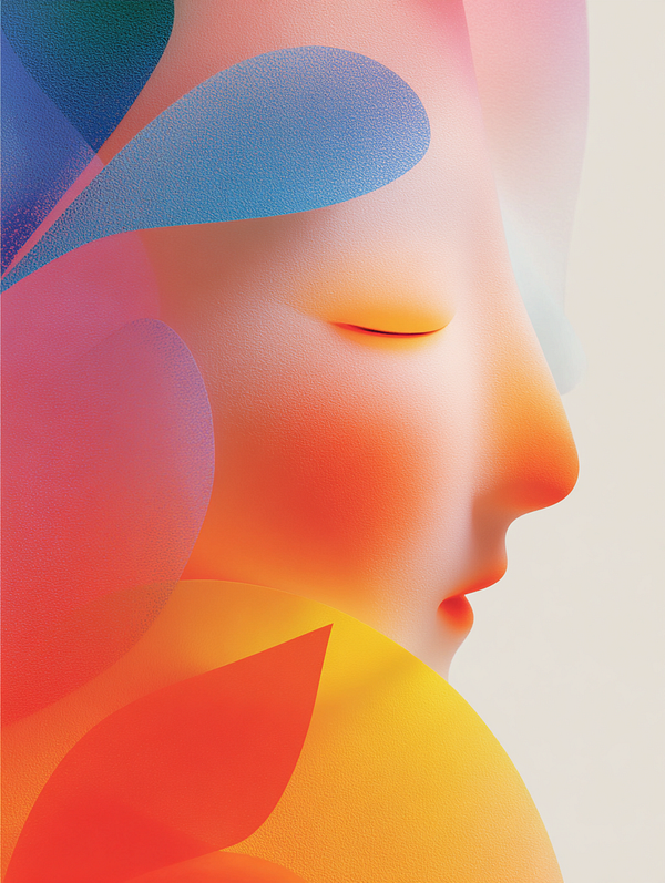 A stylized, abstract representation of a serene face surrounded by colorful organic shapes.