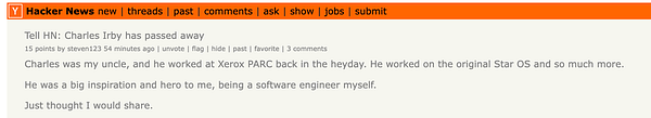 A post on Hacker News announcing the passing of Charles Irby, highlighting his contributions to technology and personal impact.
