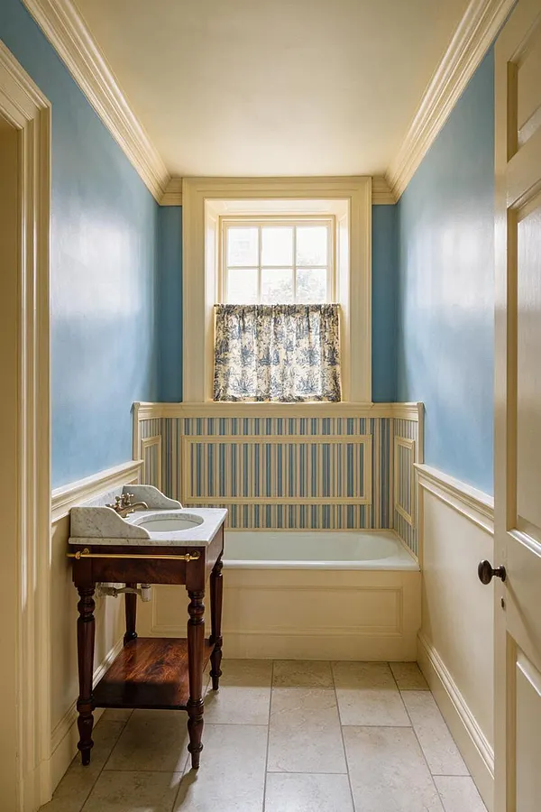 A narrow traditional master bathroom with powder-blue walls, cream trim, and a vintage wood vanity with a marble sink at the left. At the end of the room is a bathtub with striped paneling and a floral curtain on the window above, while large stone floor tiles add a classic, understated look.