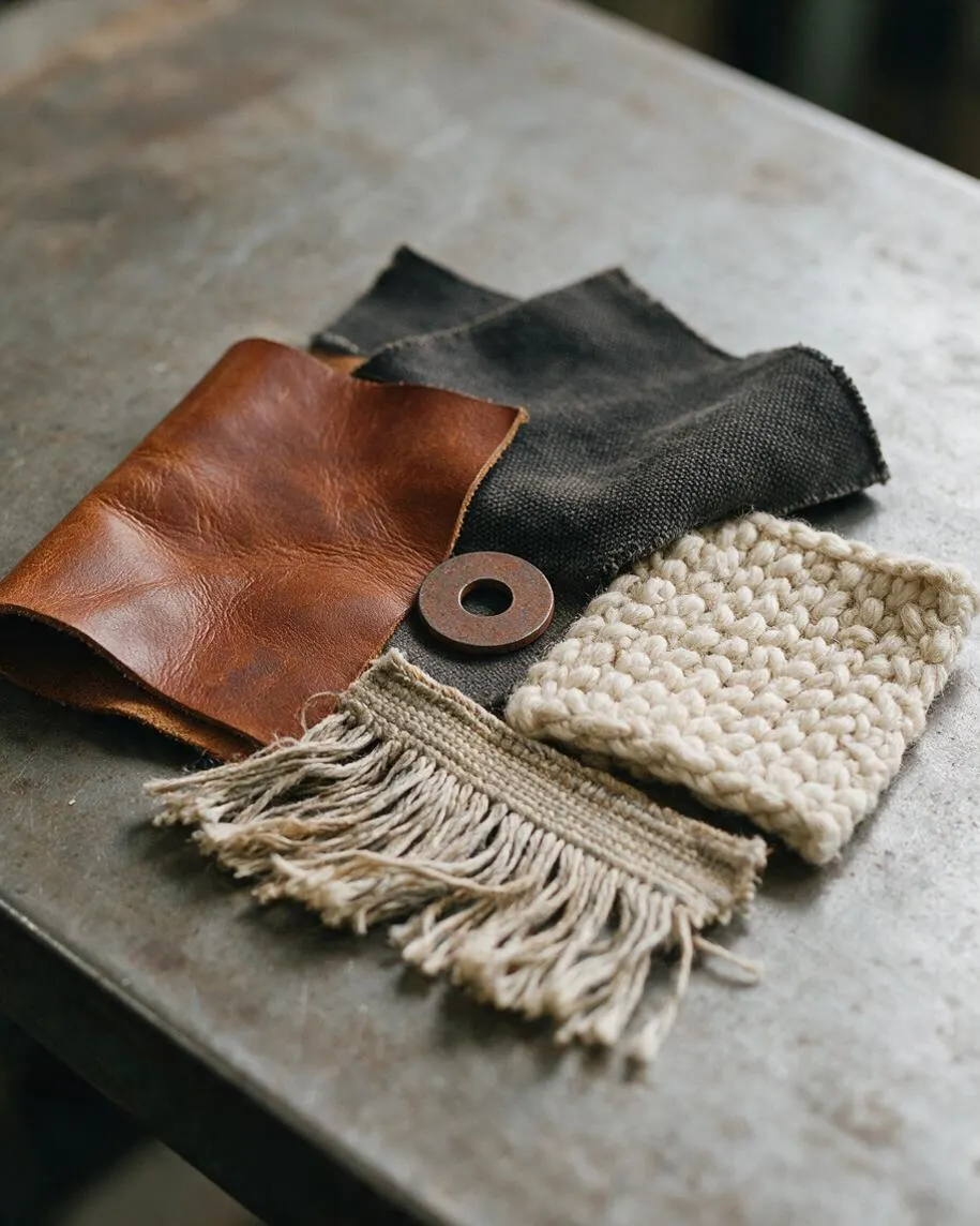 A close-up arrangement of material swatches on a gray concrete surface, including a brown leather sample, dark woven fabric, chunky cream knit, and fringed natural textile. A small rusted metal washer sits near the center, reinforcing the industrial aesthetic.