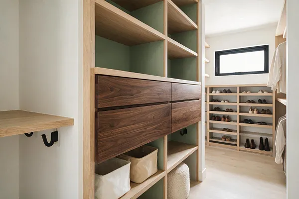 A bright Japandi-style closet with light oak shelving, deep walnut drawer fronts, and muted sage backing panels. Open shoe shelving, hanging space with neutral clothing, and a small window create a serene, highly organized dressing room.