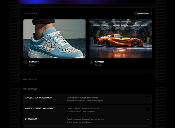 The image displays a modern web interface showcasing selected projects and services offered by a design agency.