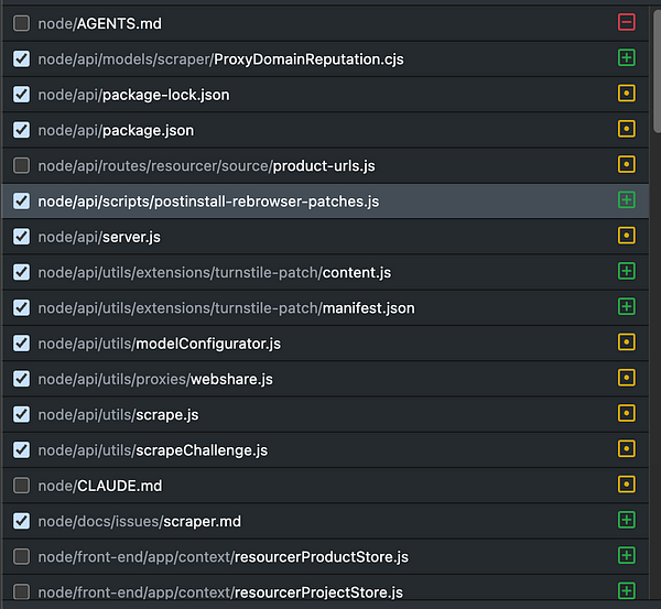 Software interface displaying a merged difference comparison between two sets of data with color-coded differences and a file tree on the left.