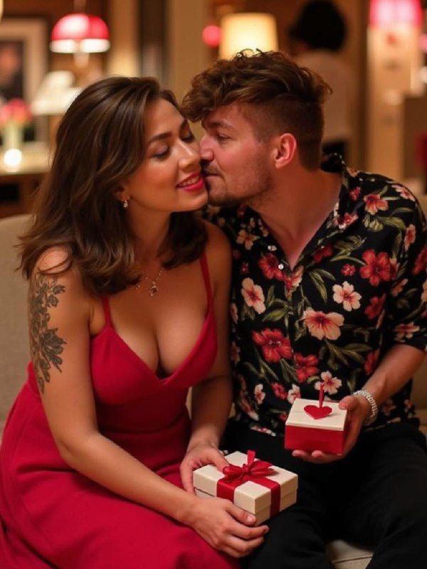 A couple is sharing an intimate moment while holding gifts in a cozy, warmly lit setting.