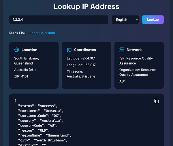 The image displays an IP Lookup tool interface showing details for the IP address 1.2.3.4.