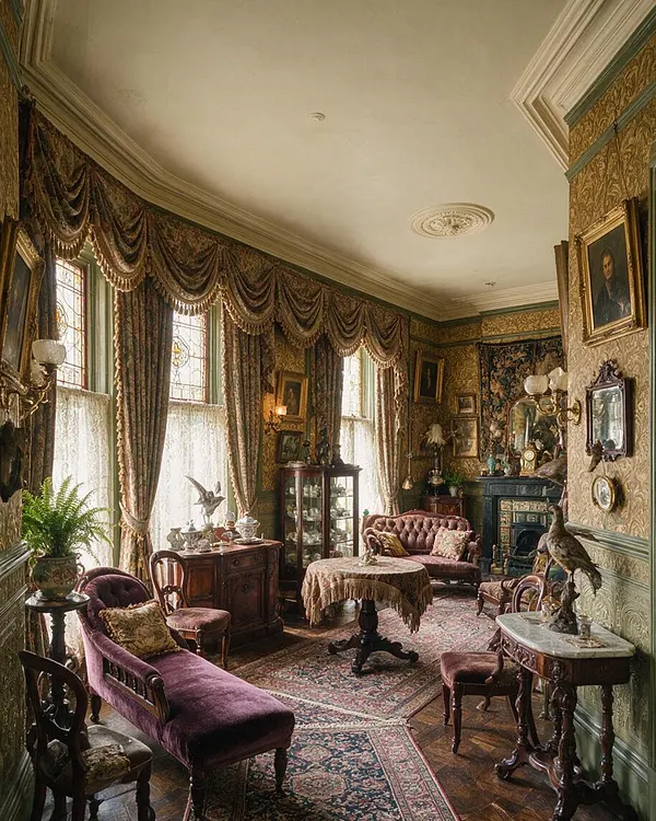 A richly decorated Victorian front porch-like sitting area with tall stained-glass windows, heavy draped curtains, patterned wallpaper, framed portraits, and carved antique furniture. The room features a purple velvet settee, lace-covered table, ornate rugs, and a dark fireplace, creating a formal, historic atmosphere.