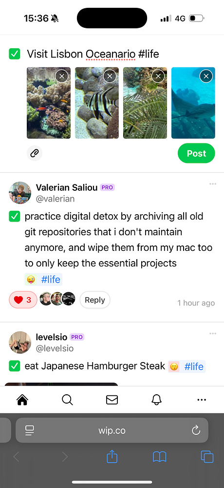 The image displays a mobile interface for posting a task with multiple photo attachments and comments from other users.