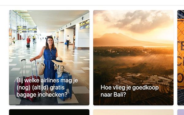 A woman stands in an airport terminal with luggage, next to two travel-related questions.