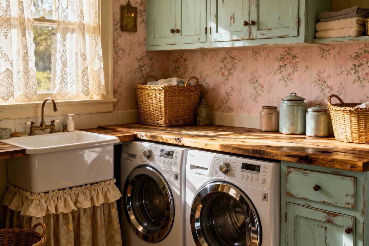 Room AI – Shabby Chic Laundry with Distressed Mint Cabinets - Interior