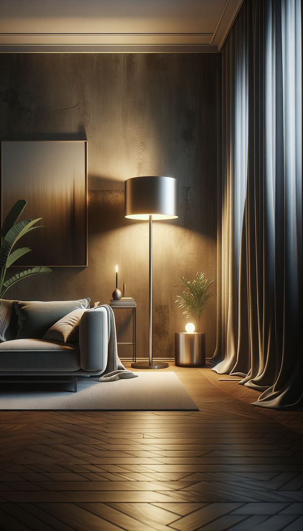 A cozy living room corner featuring a stylish torchiere lamp with a sleek, contemporary design, casting a warm, indirect light towards the ceiling.
