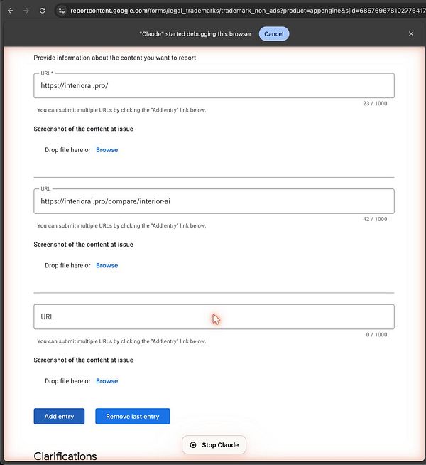 A browser window open to a Google trademark abuse report form with multiple URL fields filled for interiorai.pro and options for uploading screenshots.