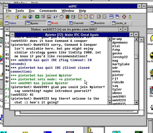 An IRC chat window displaying conversations in the #pieter channel.