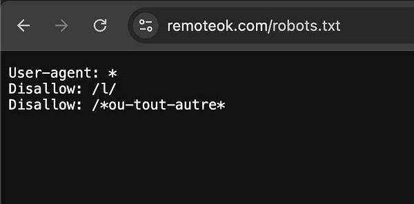 The image displays the content of a robots.txt file from the website remoteok.com.