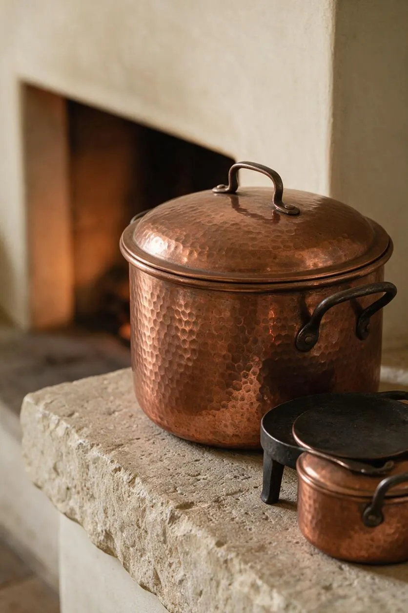 A set of hammered copper cookware sits on a rough stone ledge in front of a softly glowing fireplace. The largest pot has a domed lid and dark metal handles, with two smaller copper pieces beside it, creating a warm, rustic French Country look.