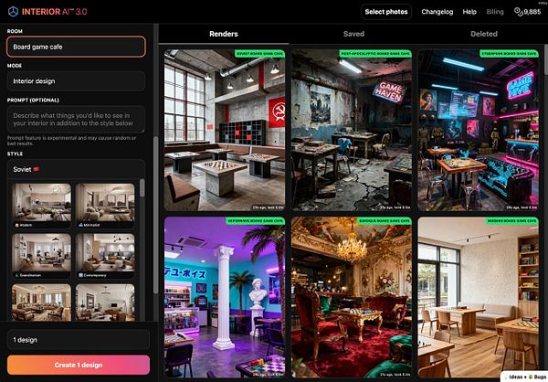 The image displays a user interface for an interior design application focused on creating board game cafes.