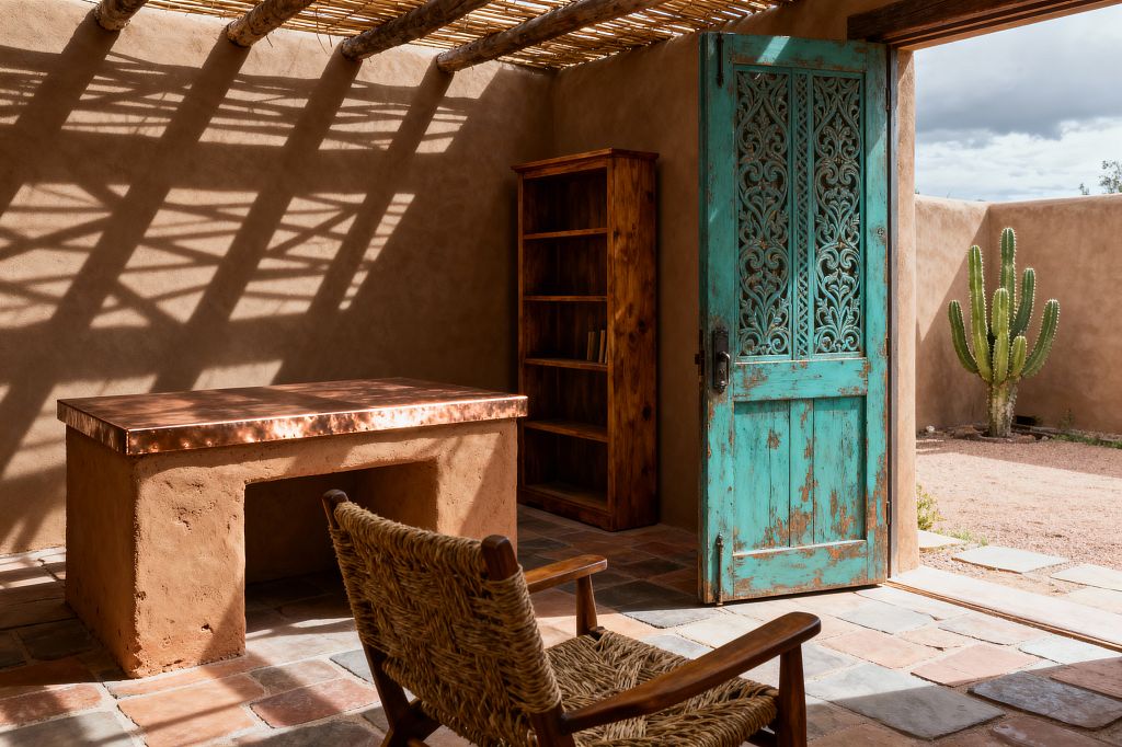 A sunlit Southwestern home office with a copper-topped adobe desk, a woven rush armchair, and a tall solid-wood bookcase. A weathered turquoise carved door opens to a stucco courtyard with a cactus, while a pergola of round beams and reed slats casts geometric shadows across warm adobe walls and a floor of mixed terracotta and slate tiles.