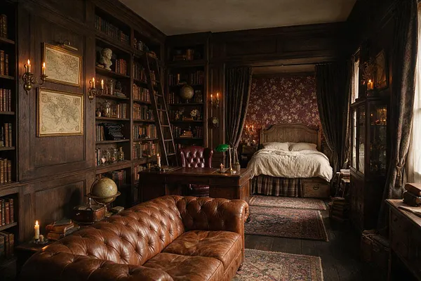 A dimly lit studio apartment styled like a dark academia library, with floor-to-ceiling dark wood bookshelves, a tufted cognac leather sofa, and a wooden desk with a burgundy leather chair. At the back, a bed sits in an alcove framed by heavy dark curtains and floral wallpaper, while candles, globes, maps, and Persian-style rugs add a scholarly, vintage atmosphere.