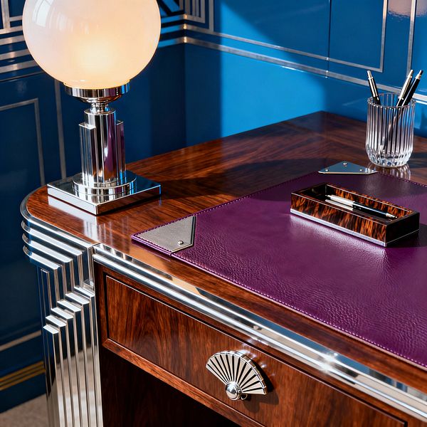 Close-up of an Art Deco home office desk in glossy walnut veneer with chrome trim and stepped detailing. A frosted glass globe lamp on a tiered chrome base sits at the corner beside a deep purple leather blotter with metal corner protectors, a glossy wood pen tray, and a ribbed glass cup holding pens, set against cobalt blue paneled walls with silver inlay lines.