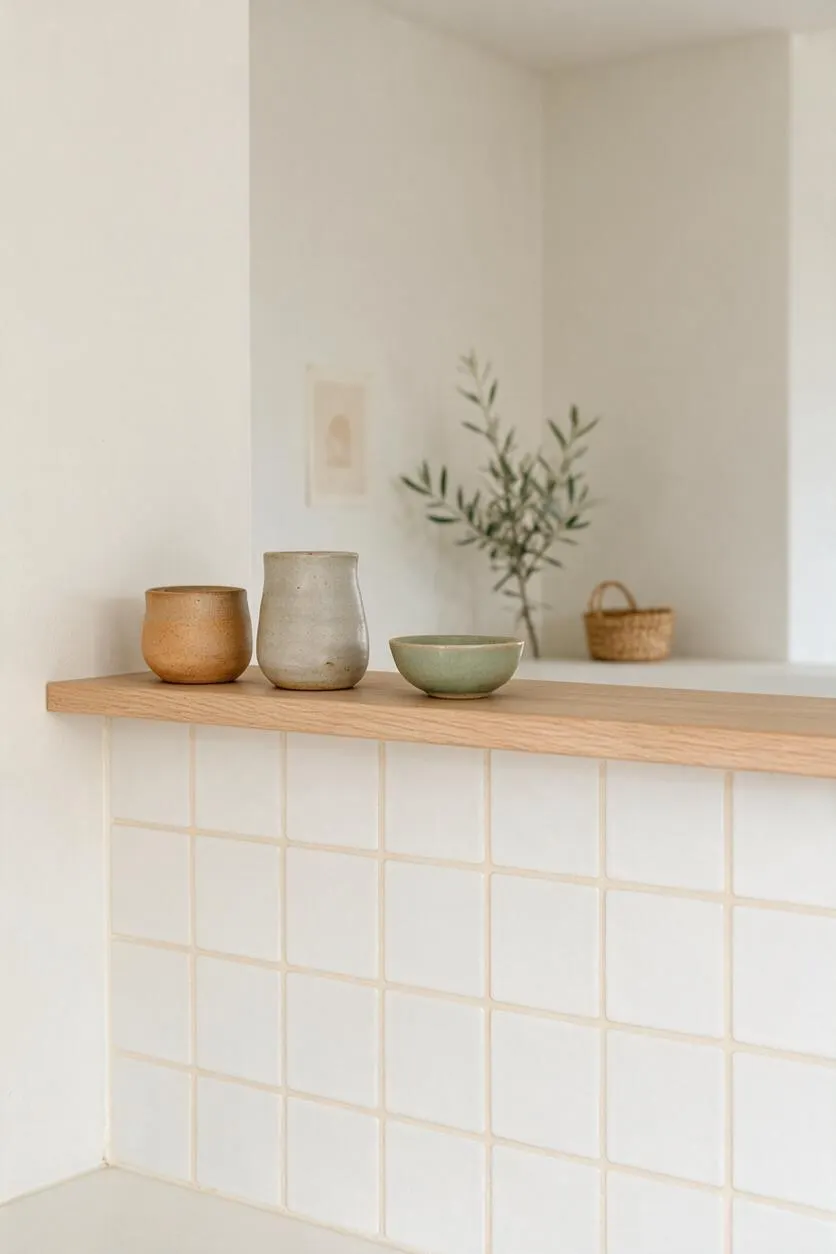 A softly lit Scandinavian-style nook with a light oak shelf above white square wall tiles. Three handmade ceramic vessels in warm tan, gray, and pale green sit on the shelf, while a small olive branch and woven basket add natural texture in the background.
