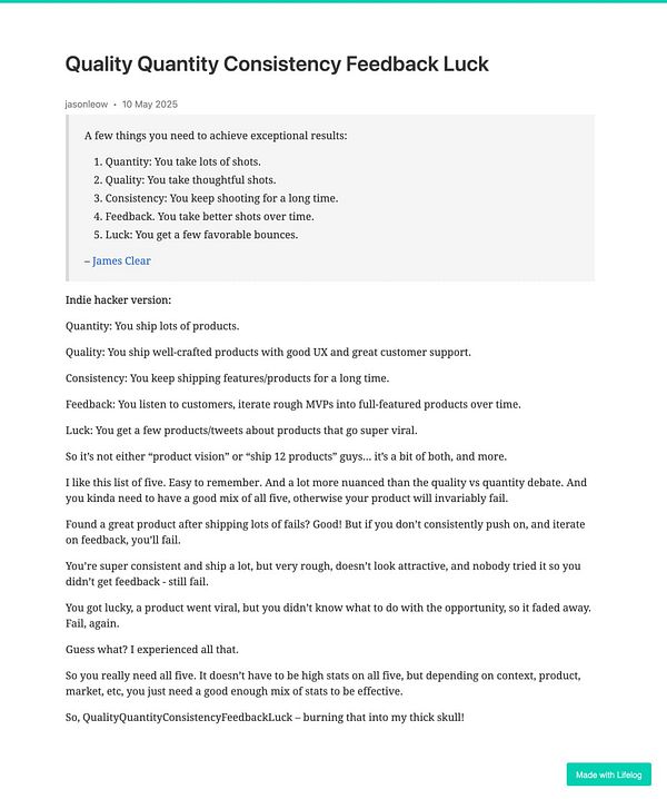 The image features a blog post discussing the concepts of quality, quantity, consistency, feedback, and luck in achieving exceptional results.