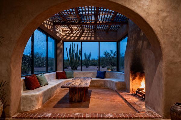 A Southwestern living room is framed by an arched adobe opening and large black-framed windows showing cacti in the rain. A curved plaster bench with rust, sage, and navy pillows wraps the space around a rustic plank wood table on a terracotta-stained concrete floor, while a brick-edged, plaster fireplace glows at right and a wood-lattice ceiling casts patterned shadows.