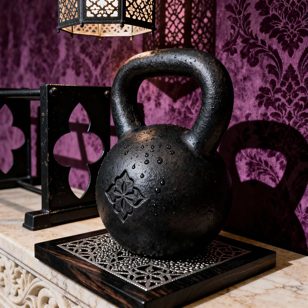 Close-up of a black cast-iron kettlebell, embossed with a floral motif and speckled with water droplets, resting on a dark wood tray with silver filigree atop a carved cream stone surface. A pierced black metal lantern glows overhead, casting patterned shadows onto deep purple damask wallpaper, while a matching black steel rack with quatrefoil cutouts sits behind the kettlebell.