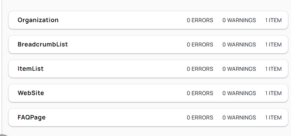 The image displays a list of schema types with their corresponding error and warning statuses.