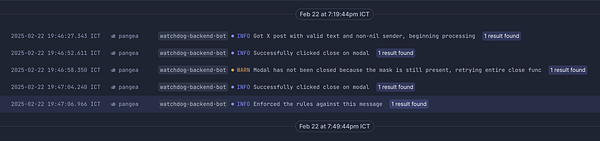 The image displays a log of messages from a backend bot related to modal closing attempts and processing events.