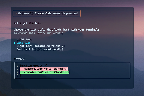 The image displays a terminal interface for the Claude Code research preview, showcasing text style options and a code preview.