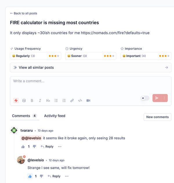 A task interface discussing an issue with the FIRE calculator on the Nomads website.