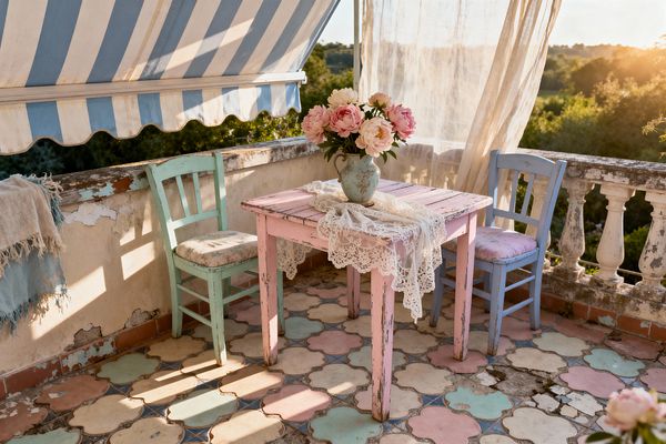 An outdoor patio set features a weathered pink wooden table between a mint-green and a powder-blue chair, both with worn pastel floral cushions. A lace runner and a ceramic pitcher of pink and white peonies sit on the table, while sheer curtains, a blue‑and‑white striped awning, chipped stucco balustrades, and pastel quatrefoil floor tiles in pink, cream, and aqua glow in warm sunset light.