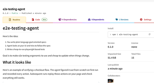 A webpage showing details of the NPM package 'e2e-agent' authored by 'uipath' with install and version information.