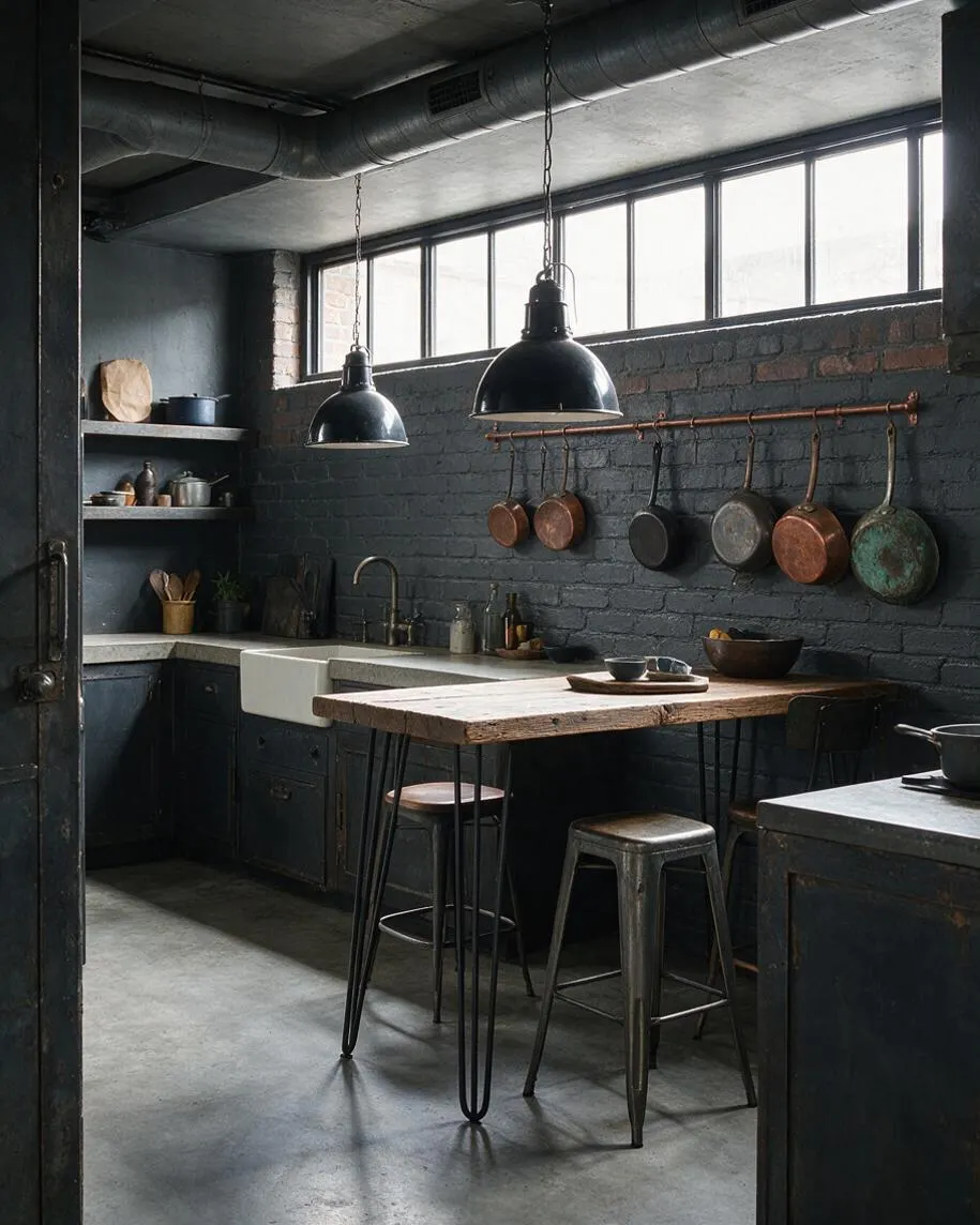 A compact basement kitchen with dark painted brick walls, a concrete floor, and exposed ceiling ductwork that emphasizes the industrial style. Black pendant lights hang over a rustic wood island with metal hairpin legs, while open shelves, a farmhouse sink, and hanging copper and dark cookware add functional warmth.