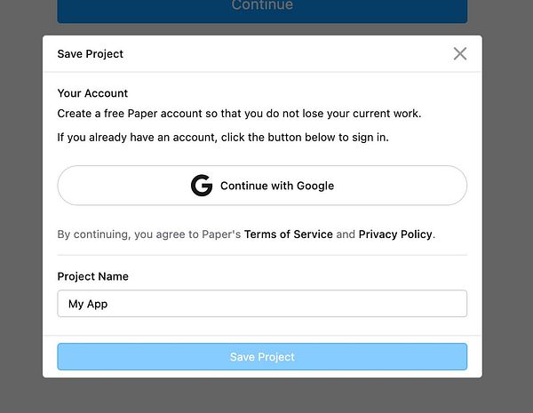 A user interface for saving a project in the Paper application.