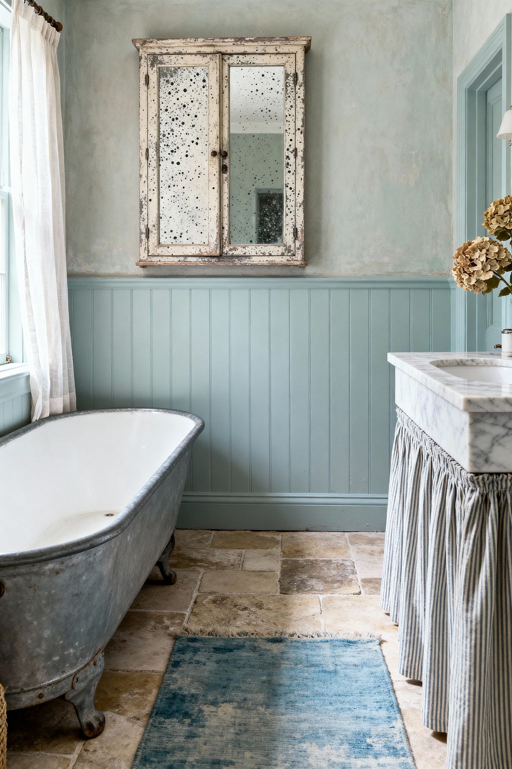 A vintage-inspired bathroom with a weathered galvanized slipper tub beside a window dressed in sheer white linen curtains. Walls combine duck-egg beadboard with mottled pale blue limewash and a distressed medicine cabinet with foxed mirrors. A white marble-topped, skirted vanity in blue-and-white ticking stands on tumbled limestone tiles, anchored by a faded teal rug and dried hydrangeas for a timeworn, soft look.