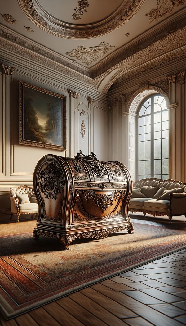 an antique bombe chest placed elegantly in a well-lit, classic living room