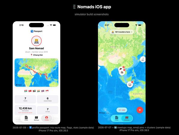 Mobile app user interface draft showcasing a meetups map with detailed profile information, designed for the 'Nomads' iOS app.