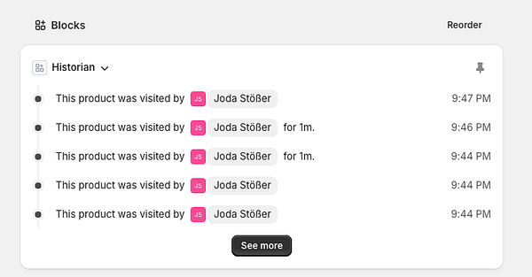 Screenshot of an events timeline UI in a Shopify app extension admin block using web components with a dark-themed interface and multiple event entries.