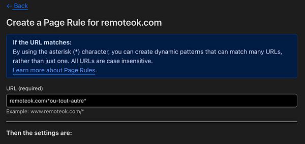 The image displays a Cloudflare interface for creating a page rule for the website remoteok.com.