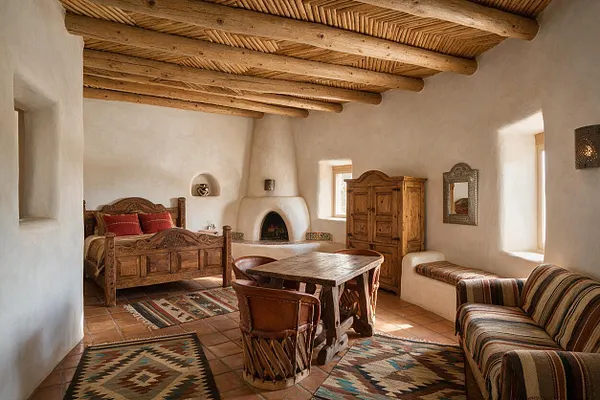 A Southwestern-style guest bedroom with a carved wooden bed, exposed log ceiling beams, white adobe walls, and a built-in fireplace centered on the back wall. The room includes a wooden wardrobe, patterned rugs, a striped upholstered sofa, leather chairs, and terracotta tile flooring in warm earthy tones.