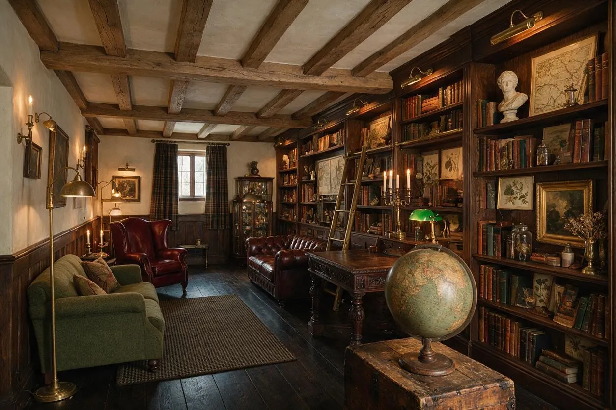 A dark academia living room styled like a cozy private library, with floor-to-ceiling wood bookshelves, a leather Chesterfield sofa, a burgundy armchair, a green upholstered settee, and a large wooden desk. Candlelight and brass lamps add a warm glow, while a globe, framed art, plaid curtains, and exposed ceiling beams enhance the scholarly atmosphere.