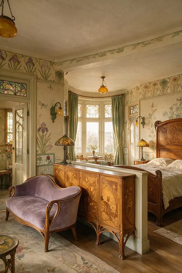 A warm, Art Nouveau-style studio apartment with hand-painted floral wall murals, stained glass window panels, and carved wooden furniture. The space includes a wooden bed, a velvet settee, amber glass pendant lights, and soft green curtains around a curved bay window.