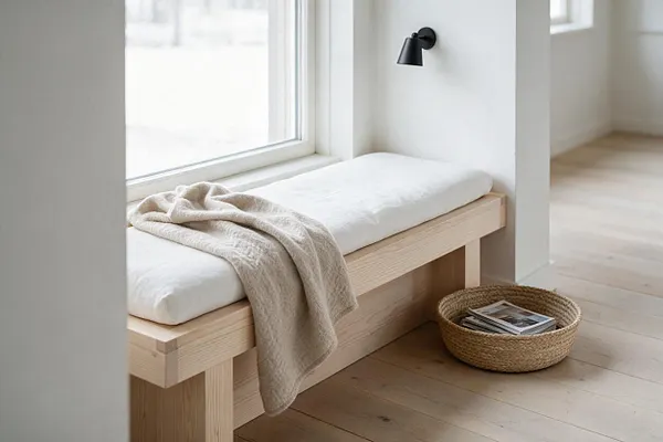 A bright Scandinavian-style nook with a simple light wood bench fitted with a white cushion beside a large window. A soft beige throw is draped over the seat, a woven basket with magazines sits on the floor, and a small black wall sconce adds contrast to the white walls.