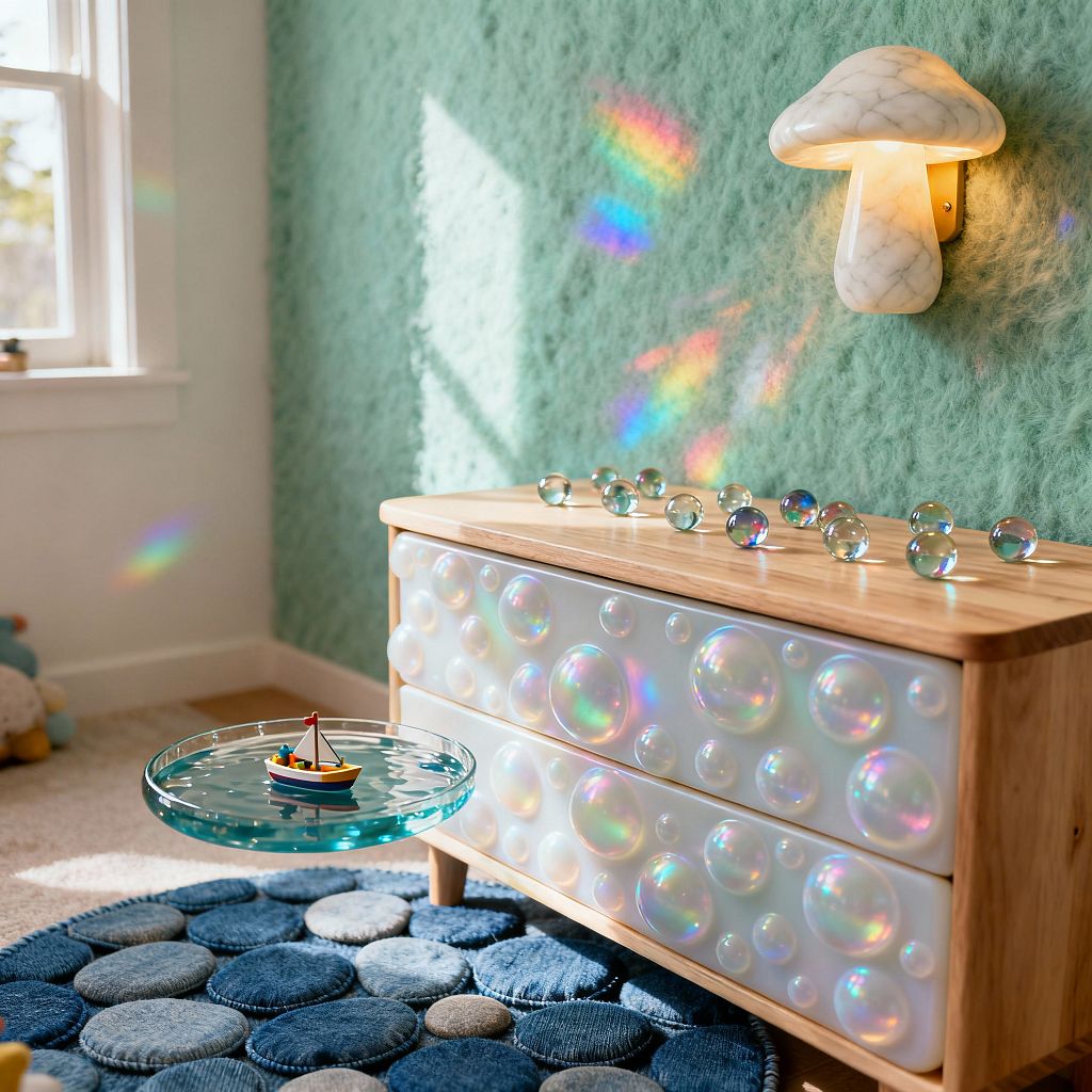 A bright children’s room with a window at left casts sunlight onto a mint green, fuzzy-textured wall, where a white marble mushroom sconce glows above a light maple dresser whose drawer fronts feature raised, iridescent bubble shapes. Clear glass marbles sit on the wood top, a circular aqua-tinted glass shelf cantilevers from the dresser holding a small toy sailboat, and a pebble-pattern rug in layered blues rests on beige carpet as rainbow reflections shimmer across the wall.