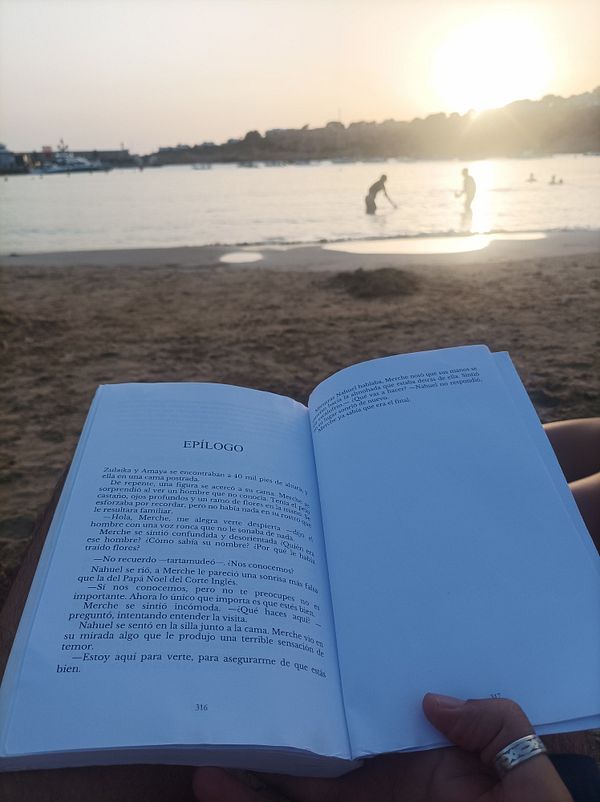 A person is reading a book on the beach during sunset.