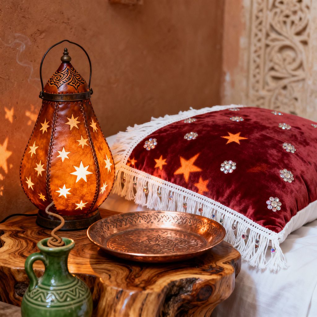 A close-up of a Moroccan bedroom bedside shows a glowing star-cut leather and metal lantern casting warm amber light onto a live-edge olive wood table. Next to it are an engraved copper dish and a small emerald green glazed ceramic jug. A deep crimson velvet pillow with mirrored star motifs and white fringe rests on crisp white bedding. Behind, a terracotta tadelakt wall and a carved plaster panel add layered, handcrafted texture.