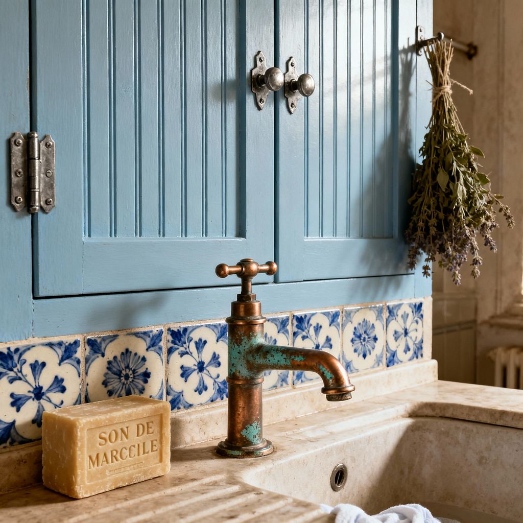 Close-up of a French Country laundry sink shows pale blue beadboard cabinet doors with aged metal knobs above a backsplash of blue-and-white floral tiles. A patinated brass faucet rises from a creamy limestone counter and apron-front sink, with a Marseille soap bar on the ledge and a tied bundle of dried lavender and herbs hanging at the side, all softly lit to emphasize worn textures and rustic character.